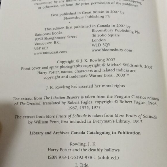 Hardcover Book Harry Potter and the Deathly Hallows J K Rowling Raincoast Books - Picture 4 of 5